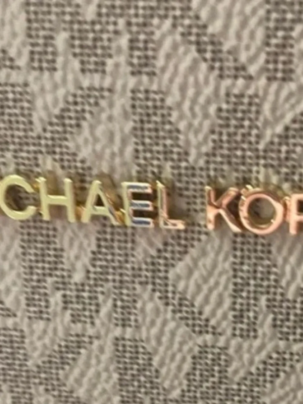 Michael Kors Beige Signature Satchel with Pink Trim and Gold Hardware